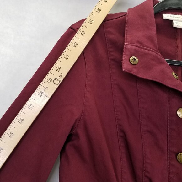 Coldwater Creek Jean Jacket Women's 4-6 Sm Maroon Denim Gold Snaps Buckle Back - Picture 13 of 14